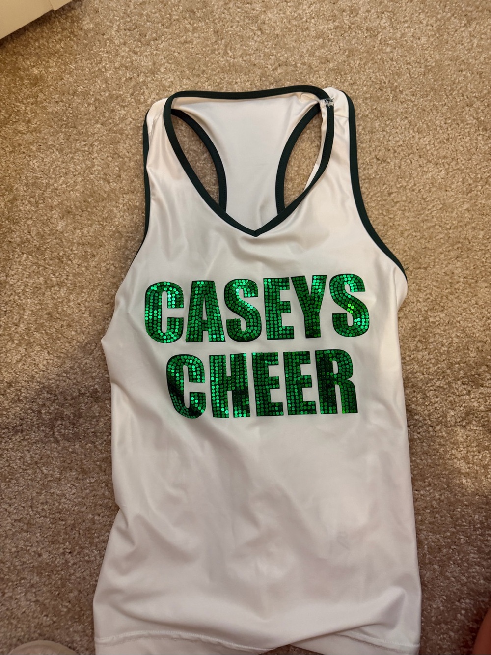 Varsity White Racerback Tank with Green Sequin "CASEYS CHEER"
